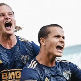 Captain Nick Pariano and match equalizer Cavan Sullivan celebrate the equalizing goal against Chattanooga the day before Bastille Day 2025.