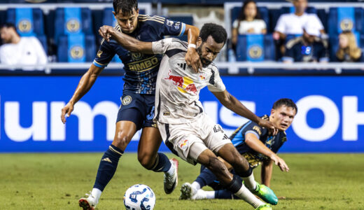 Philadelphia Union midfielder Quinn Sullivan fights for the ball with New York Red Bulls defender Raheem Edwards in the first half of the Union’s 3-2 win over the Red Bulls in their quarterfinal match of the Lamar Hunt U.S. Open Cup at Subaru Park on Wednesday night, August 13, 2025.
