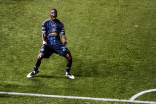 Philadelphia Union center back Olwethu Makhanya celebrates after scoring in the 89th minute to give the Union a 3-2 win over the New York Red Bulls in the quarterfinals of the U.S. Open Cup at Subaru Park in Chester, Pa. on Wednesday night, August 13, 2025.