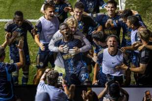 Philadelphia Union center back Olwethu Makhanya celebrates his game-winning goal in the second half of the Union’s 3-2 win over the Red Bulls in their quarterfinal match of the Lamar Hunt U.S. Open Cup at Subaru Park on Wednesday night, August 13, 2025.