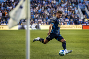 Philadelphia Union right back Frankie Westfield plays a ball into the box in the first half of the Union’s 4-0 win over the Chicago Fire at Subaru Park on Saturday night, August 23, 2025.