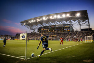 Philadelphia Union left back Kai Wagner plays a corner kick into the box in the first half of the Union’s 4-0 win over the Chicago Fire at Subaru Park on Saturday night, August 23, 2025.