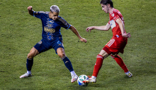 Philadelphia Union midfielder Cavan Sullivan fights for the ball with Chicago Fire midfielder Brian Gutiérrez in the second half of the Union’s 4-0 win over the Chicago Fire at Subaru Park on Saturday night, August 23, 2025.
