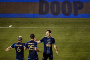 Philadelphia Union forward Milan Iloski celebrates scoring a goal in the second half of the Union’s 4-0 win over the Chicago Fire at Subaru Park on Saturday night, August 23, 2025.