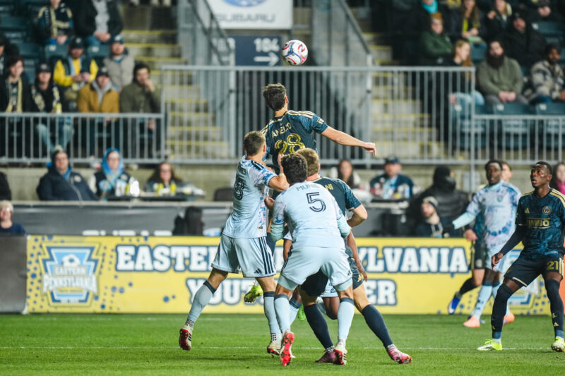 Union striker Anello rises for a header against San Jose